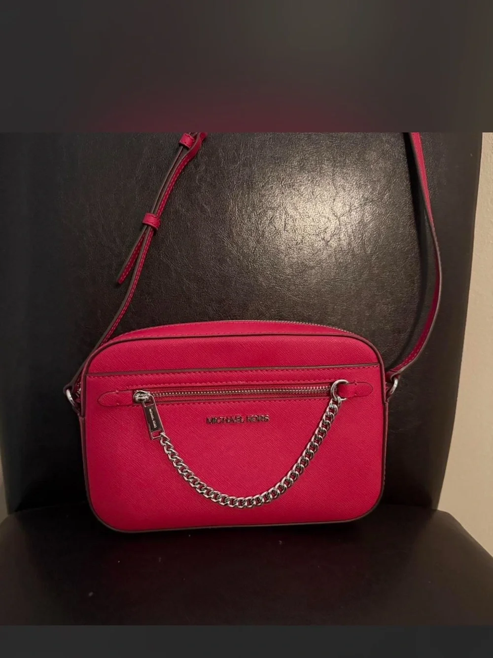 Michael Kors Hot Pink Crossbody Bag with Silver Chain Accent